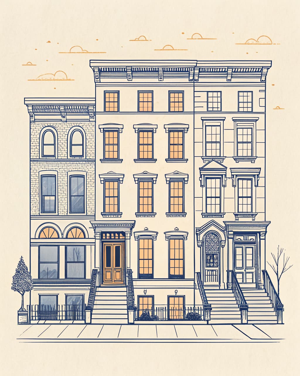 Editorial line illustration of Boston brownstone facades in navy ink with warm amber accents