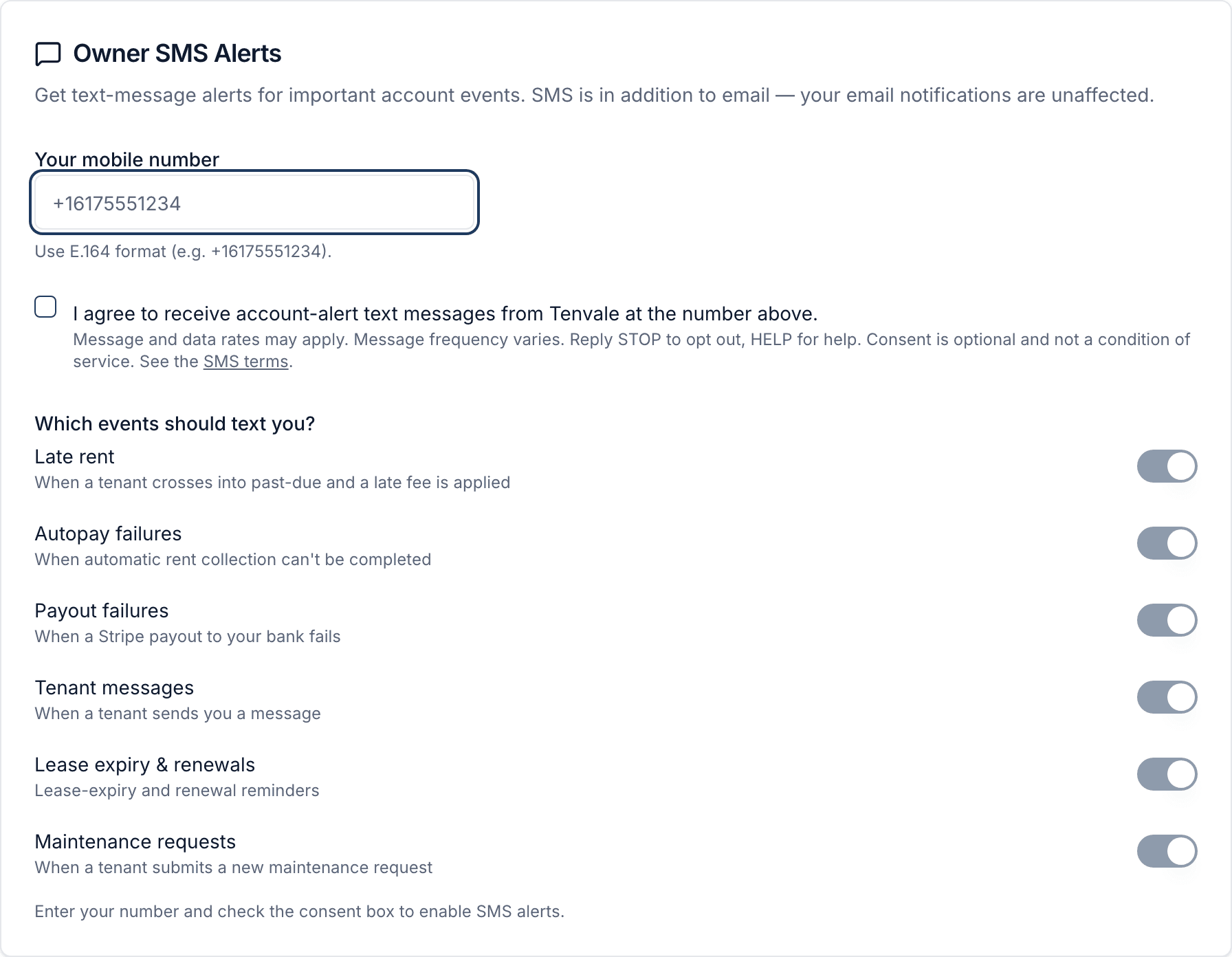 The live Tenvale owner Settings → Notifications screen, showing the mobile-number field and the SMS-alerts consent checkbox (off by default) with the full consent language and a link to these SMS terms.