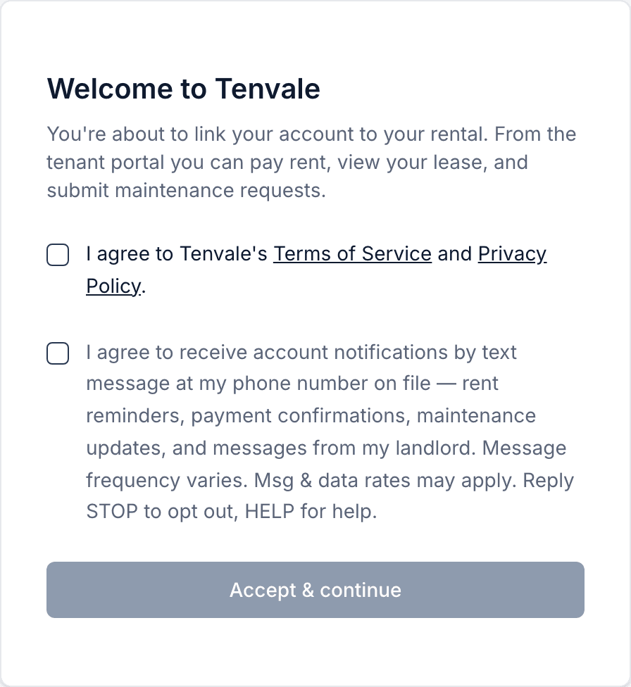 The live Tenvale tenant account-activation screen, showing the optional SMS opt-in checkbox (unchecked by default) with the full consent language, beneath the separate Terms of Service agreement.