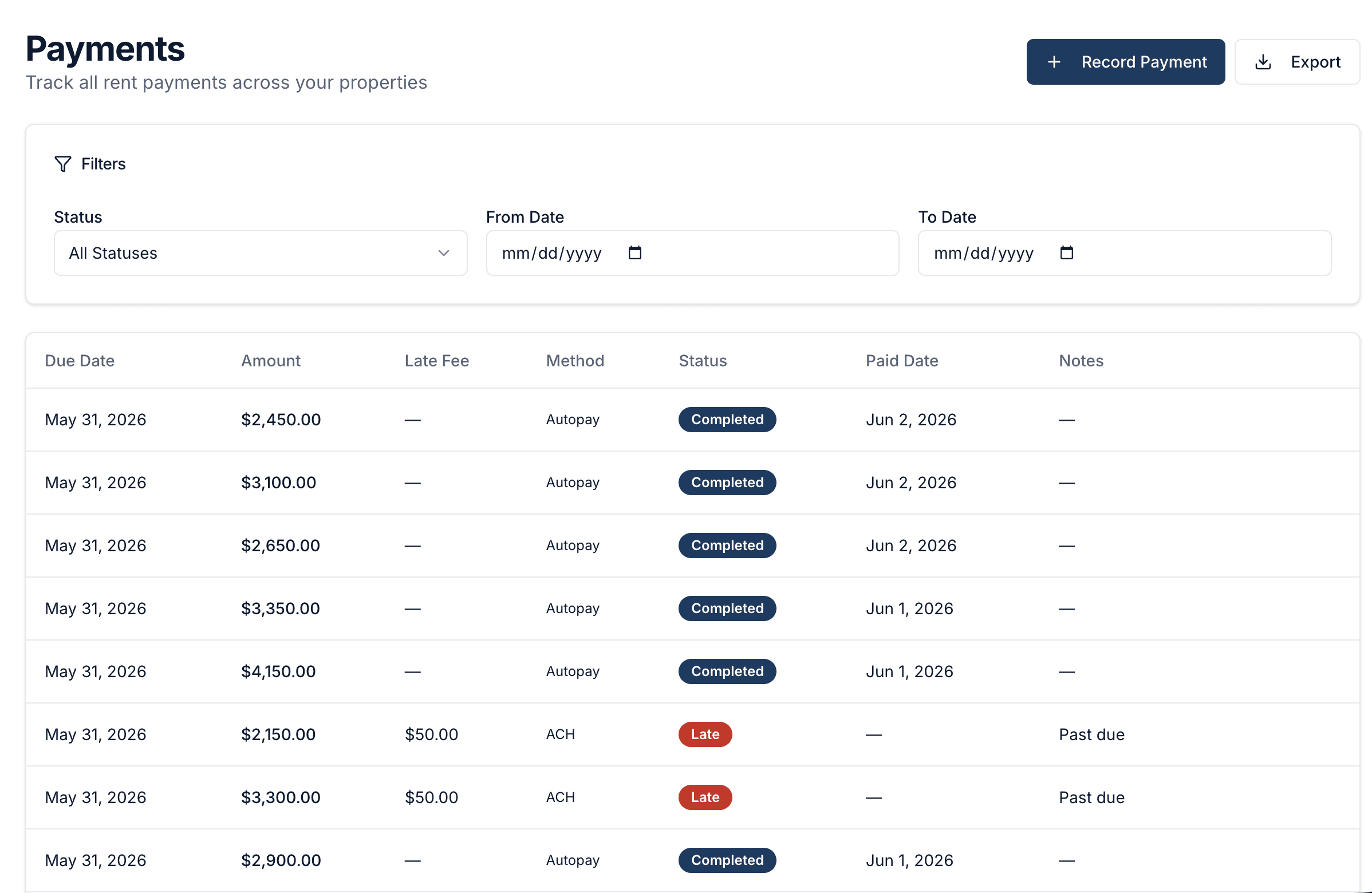 The Tenvale payments view — every rent payment, collected, pending, and overdue, in one place